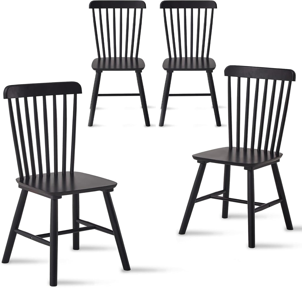 Black Windsor Dining Chairs Set of 6, Solid Wooden Dining Chairs, Spindle Back Dining Room Chairs, Modern Farmhouse Kitchen Chairs for Living Room, Restaurant, Cafe