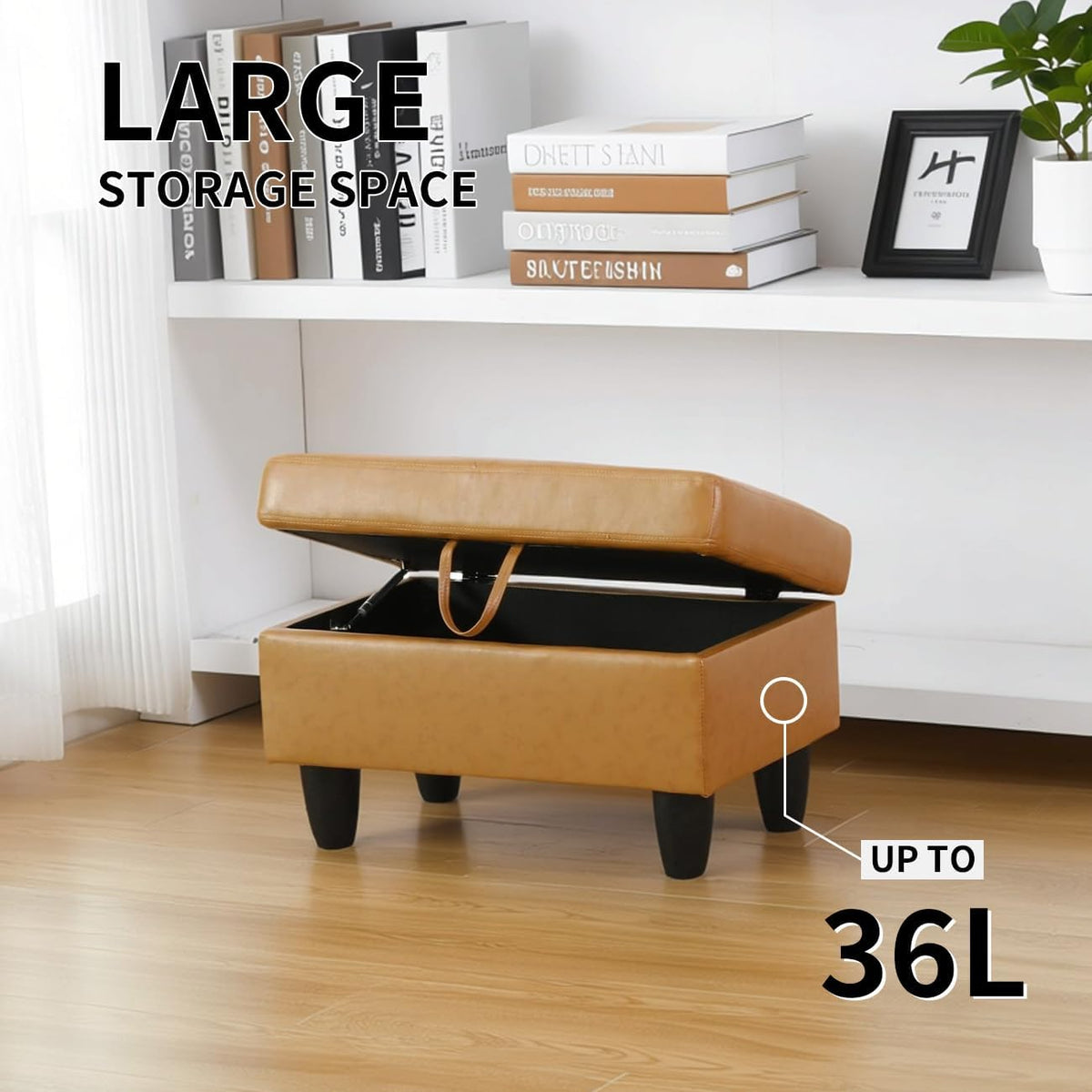 Leather Storage Ottoman Bench,28.5" Large Square Ottoman with Storage, Foot Rest Footstool Bench Coffee Table with Thick Cushion for Home Decor/Entryway/Living Room/Bedroom/Rv Car/Loft,Ginger