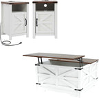 Farmhouse Coffee Table and End Table Sets of 3, 3 Piece Living Room Tables Set with Charging Station, Lift Top Coffees and 2 Nighstand, Wood Furniture Sets with Storage, White