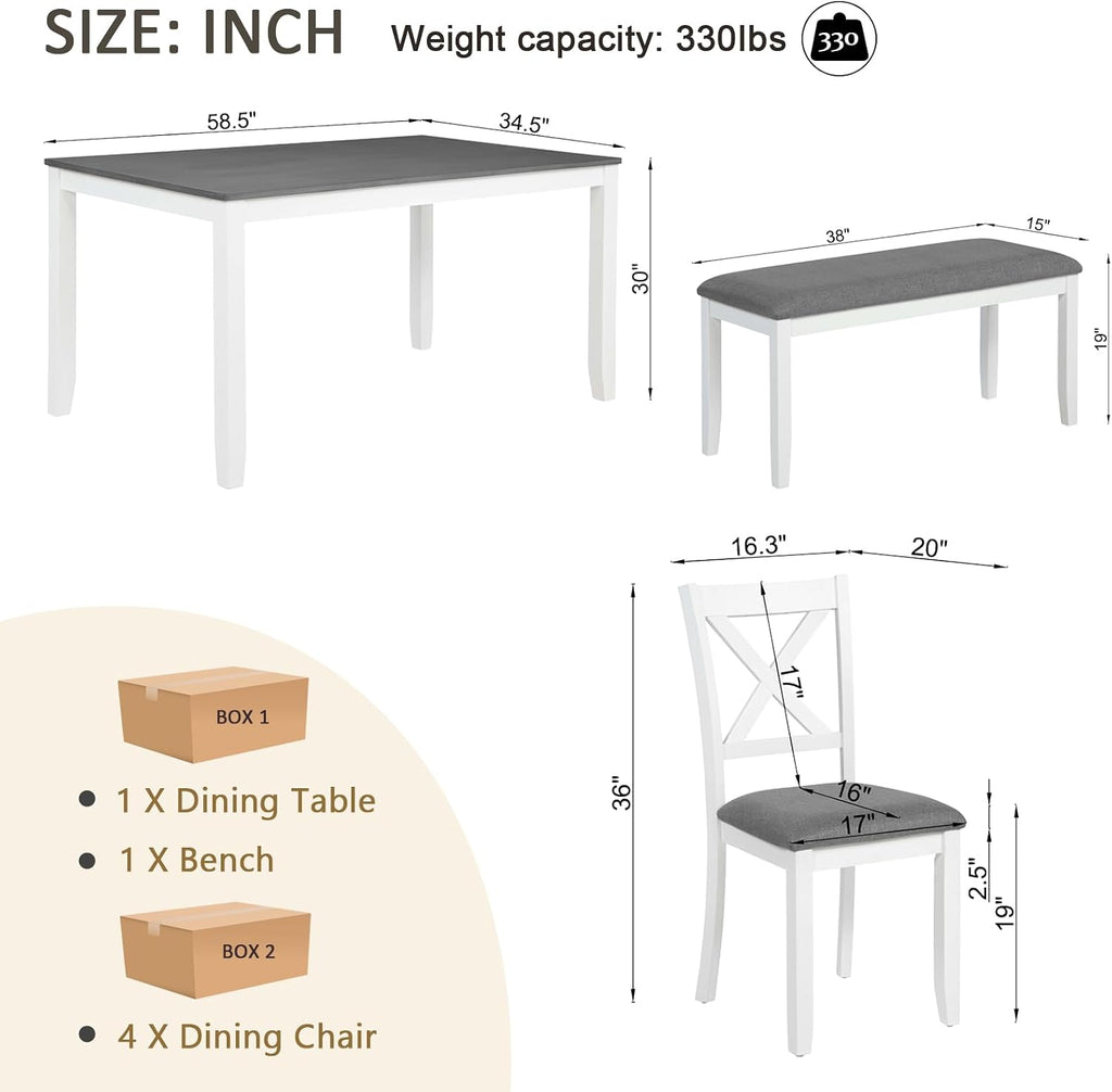 Merax 6-Piece Farmhouse Dining Table Set with Chairs and Bench, Wood Kitchen Table Set for 4-6, Rectangular Kitchen Dining Table for Dining Room, Kitchen, Small Apartment, White