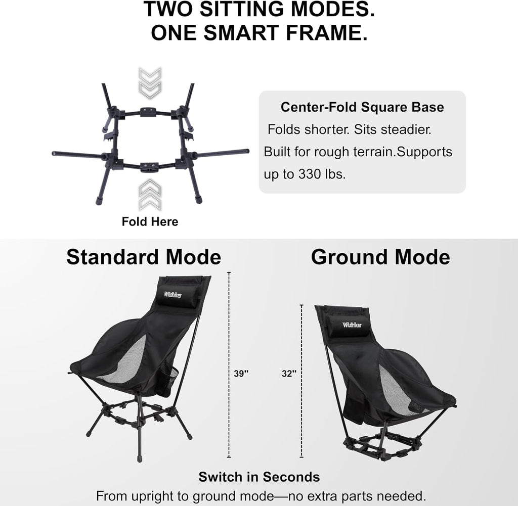 Wildhiker Compact High Back Camping Chair - Foldable with Dual Sitting Modes, Pillow, Arm Pads and Side Pockets - Lightweight Portable Chair for Motorcycle, RV, Festival, Travel - Black
