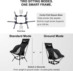 Wildhiker Compact High Back Camping Chair - Foldable with Dual Sitting Modes, Pillow, Arm Pads and Side Pockets - Lightweight Portable Chair for Motorcycle, RV, Festival, Travel - Black