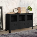 Industrial Metal and Glass Sideboard with Fixed Shelves, Modern Storage Cabinet for Dining Room Living Area, Black Rectangular Design, Durable Construction, Matte Finish,