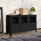 Industrial Metal and Glass Sideboard with Fixed Shelves, Modern Storage Cabinet for Dining Room Living Area, Black Rectangular Design, Durable Construction, Matte Finish,