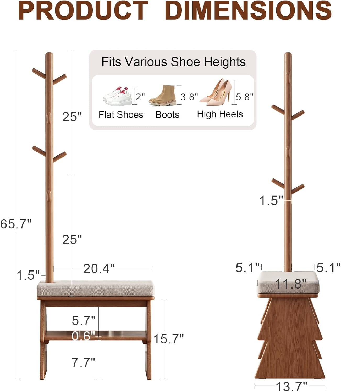 Coat Rack with Shoe Storage,Shoe Rack whit 8 Hook for Offices、Bedroom、Living Room,Small Shoe Bench,Walnut