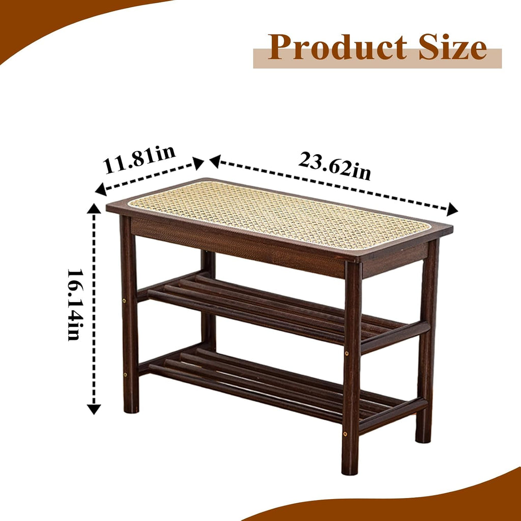 Bamboo Entryway Bench with Woven Rattan Seat, 2-Tier Shoe Storage Bench for Hallway & Entryway, 23.62 inches Walnut