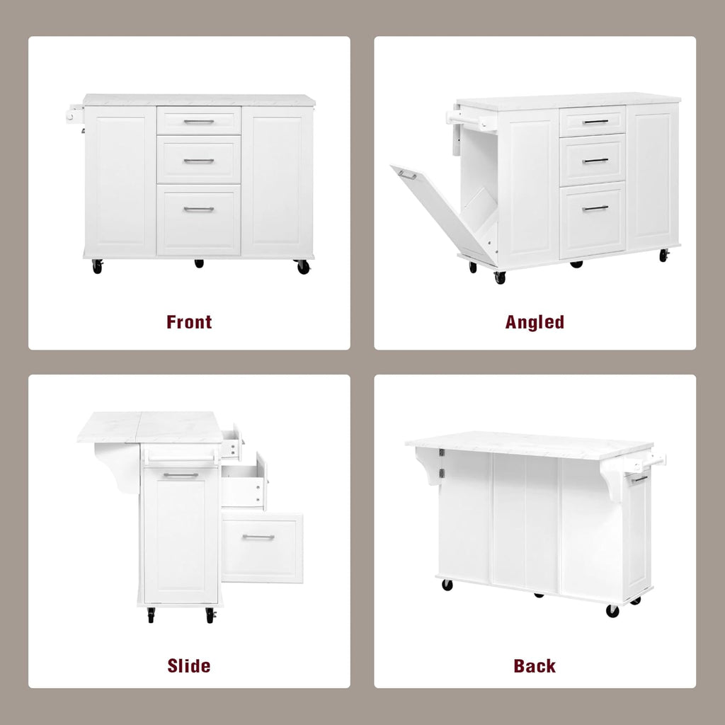 50.7" Kitchen Island with Drop Leaf Storage for Trash Can White
