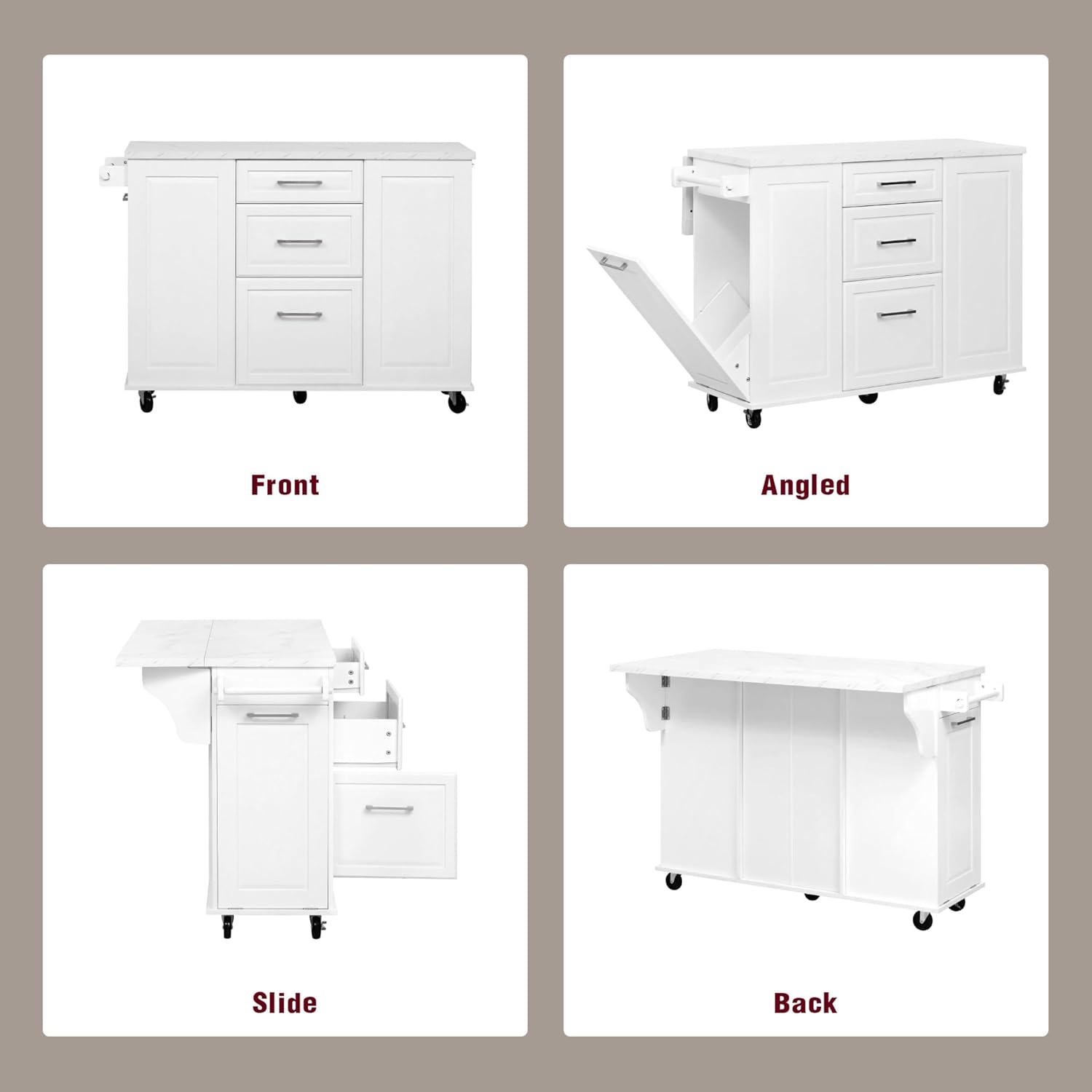 50.7" Kitchen Island with Drop Leaf Storage for Trash Can White