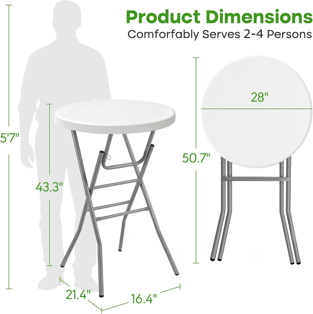 VECELO 28" Round Cocktail Table, Folding Bar Height Table with Removable Legs, 43.3" Tall Portable Plastic Bistro High Top for Indoor Outdoor Wedding Events, Patio, Backyard, Home Parties, White