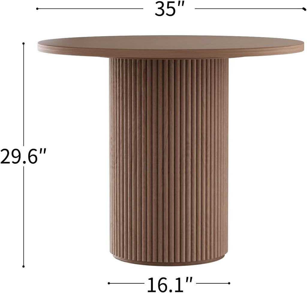 Modern Round Pedestal Dining Table with Solid Wood Base, 35'' Fluted Walnut Table for Kitchen or Small Dining Space