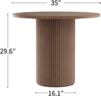 Modern Round Pedestal Dining Table with Solid Wood Base, 35'' Fluted Walnut Table for Kitchen or Small Dining Space