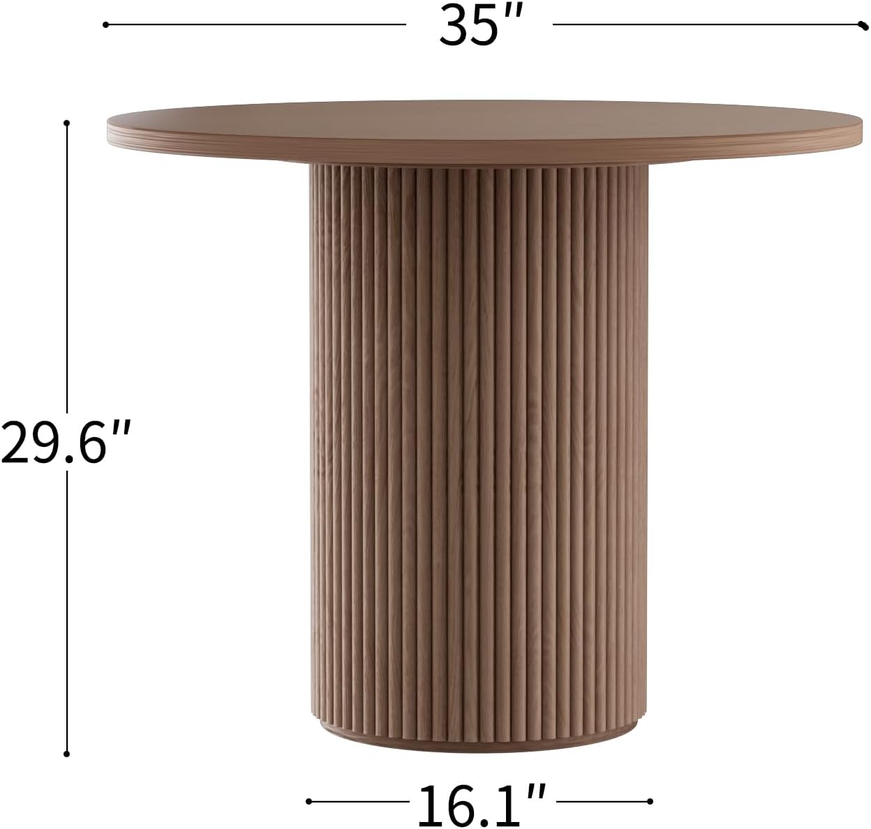 Modern Round Pedestal Dining Table with Solid Wood Base, 35'' Fluted Walnut Table for Kitchen or Small Dining Space