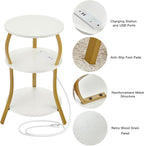 Small Round Side Table with Charging Station, 3-Tier Waist Circular End Table with Storage Shelf, Compact Tea Sofa Side Table Small Spaces, Round Corner Coffee Table for Living Room Bedroon,White+Gold