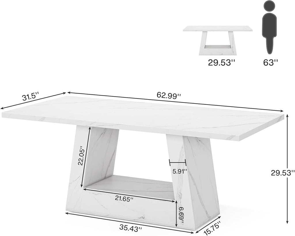 63" White Dining Table for 4-6 People, Modern Faux Marble Wooden Table with Sturdy Base for Dining Room
