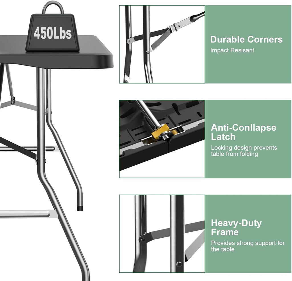 6FT Folding Tables – Heavy Duty Portable Foldable Picnic Table with Built-in Handle, 450 lb Capacity – Ideal for Events, Parties, Crafts, Camping & Dining (6-Pack, Black)