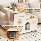Swivel Trays Side Table with Storage, Mobile End Table on Lockable Wheels, Space-Saving Nightstand Coffee Table for Living Room, Bedroom(White,35.4x15.7x29.5in)