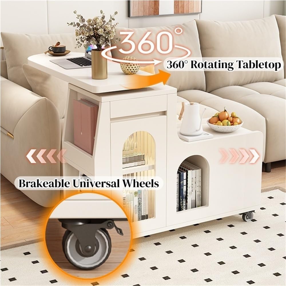 Swivel Trays Side Table with Storage, Mobile End Table on Lockable Wheels, Space-Saving Nightstand Coffee Table for Living Room, Bedroom(White,35.4x15.7x29.5in)
