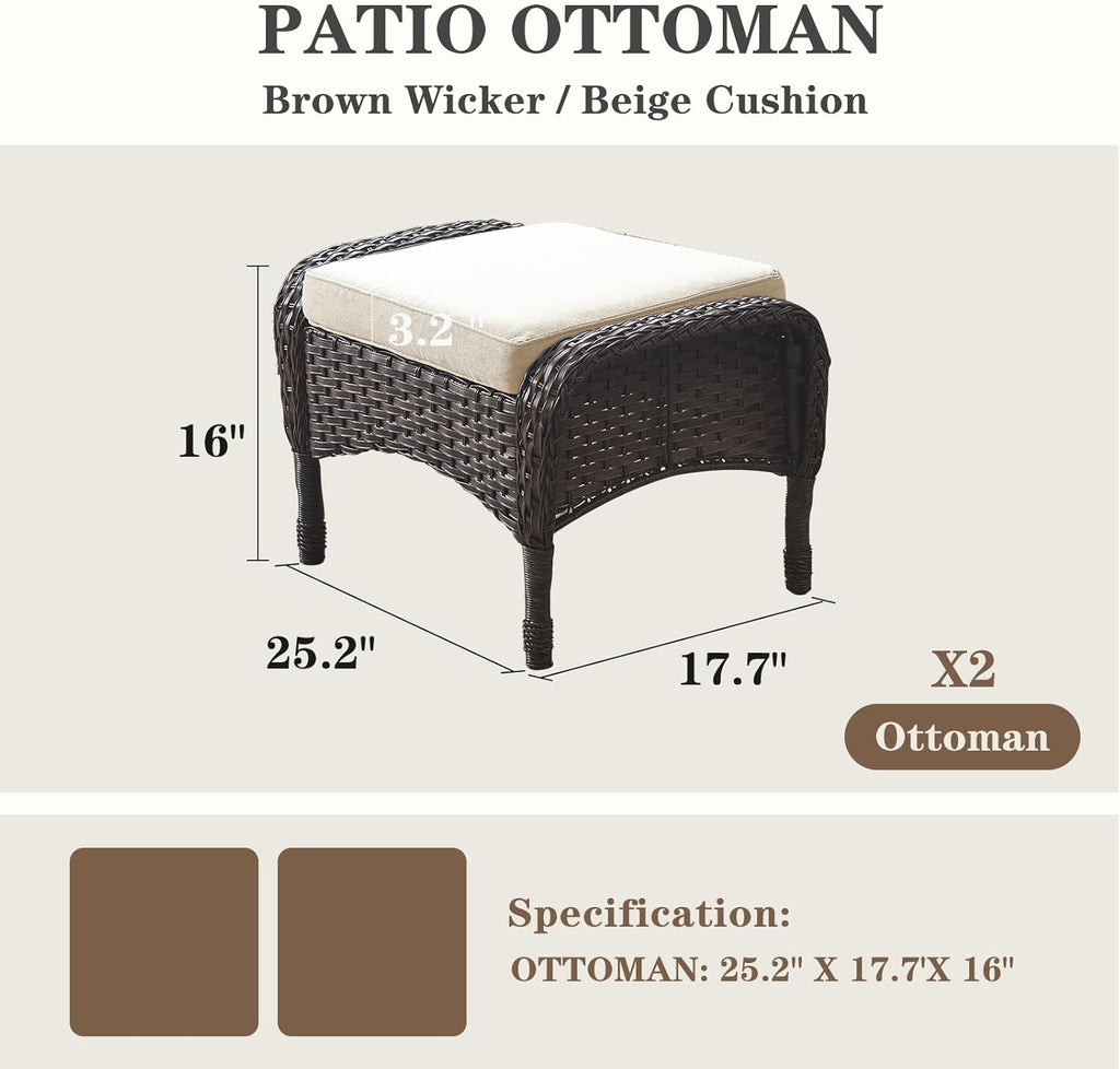 Belord Outdoor Ottomans for Patio Foot Rest - 25 Inch PE Wicker Foot Stool Set of 2 with Removable Cushions for Patio Furniture Sets,All Weather Rattan Ottoman for Balcony Deck Backyard Brown