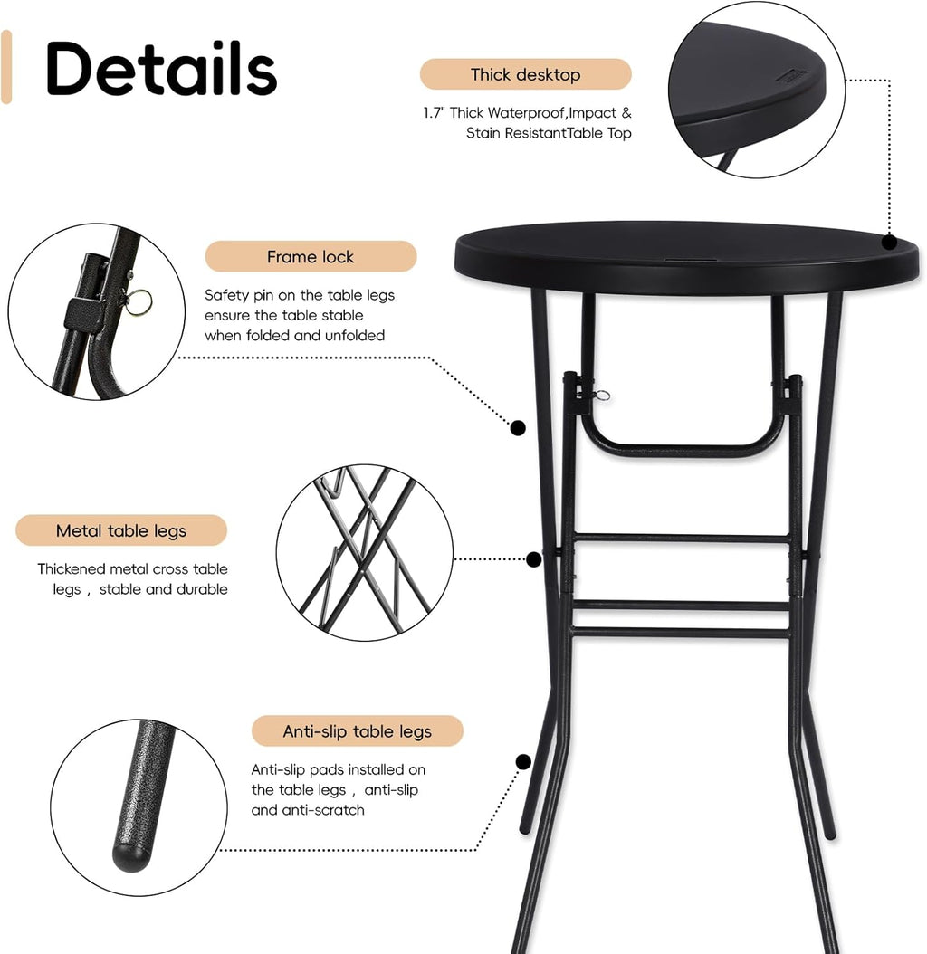 pollilar Cocktail Table 28in Portable Folding Bar Height Table, Compact Round High Top Plastic & Steel Bistro with Removable Legs, Indoor Outdoor RV Patio Catering Parties Commercial Events-Black