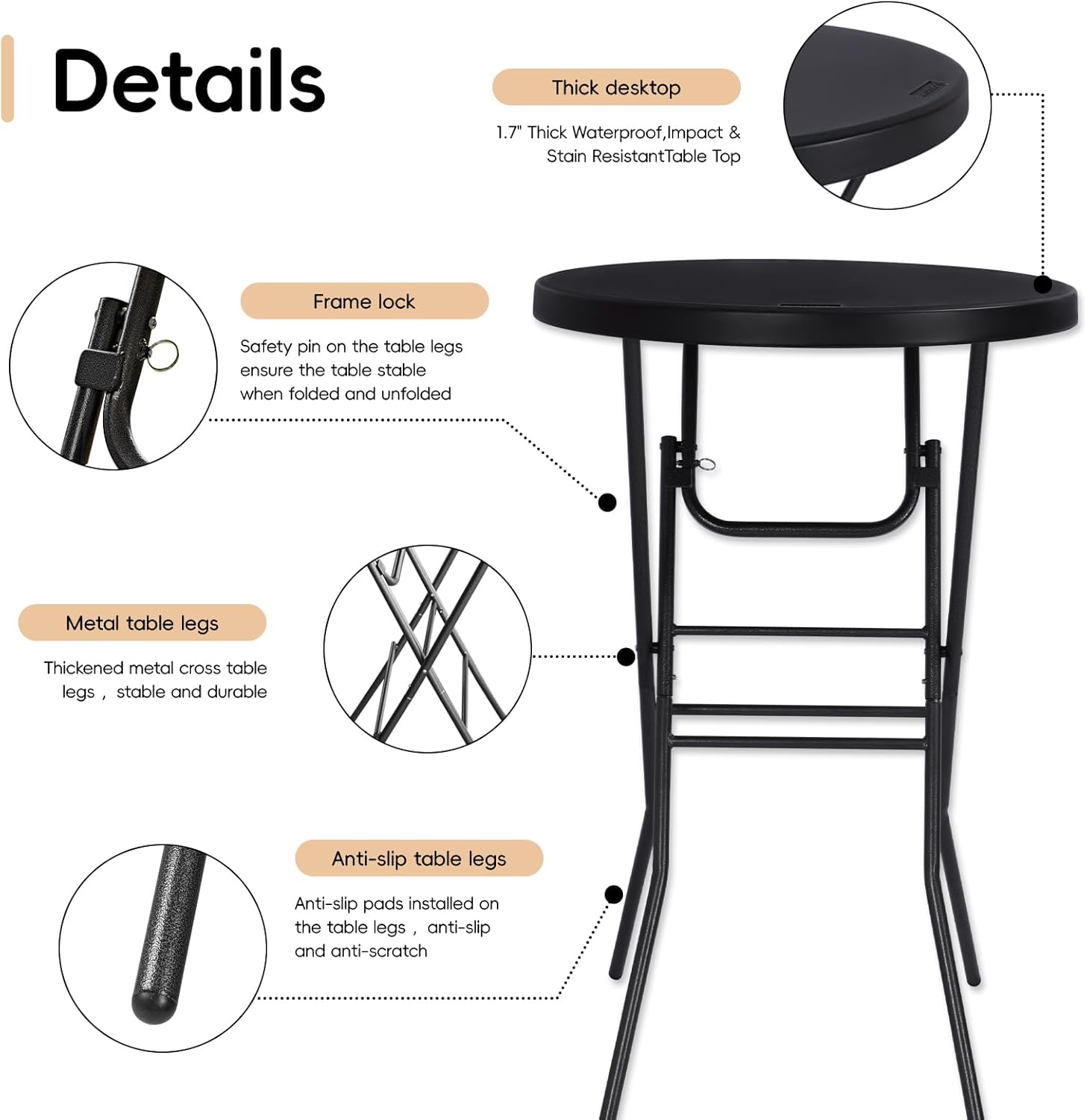 pollilar Cocktail Table 28in Portable Folding Bar Height Table, Compact Round High Top Plastic & Steel Bistro with Removable Legs, Indoor Outdoor RV Patio Catering Parties Commercial Events-Black