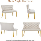 Velvet Double Upholstered Dining Bench with Wing Back, Small Loveseat Sofa Couch, Tufted Upholstered 2-Seat Design, Glod Stainless Steel Legs, for Dining Room, Kitchen, or Entryway, Beige