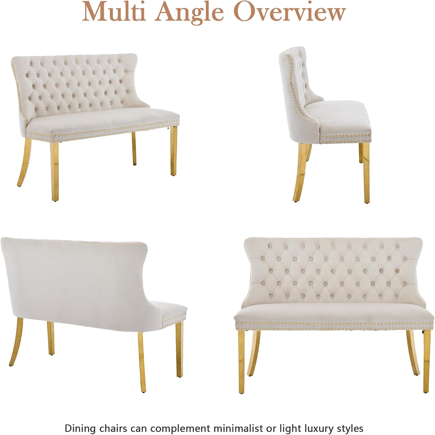 Velvet Double Upholstered Dining Bench with Wing Back, Small Loveseat Sofa Couch, Tufted Upholstered 2-Seat Design, Glod Stainless Steel Legs, for Dining Room, Kitchen, or Entryway, Beige