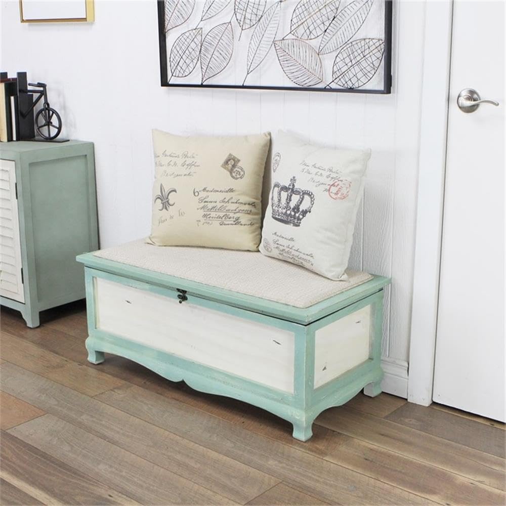 Pemberly Row Shabby-Chic Wood Bench Chest, Seafoam Green & Off White Finish, Cushioned Seat with Hinged Lift-Up Storage, Handcrafted Bedroom or Entryway Seating Organizer, Fully Assembled