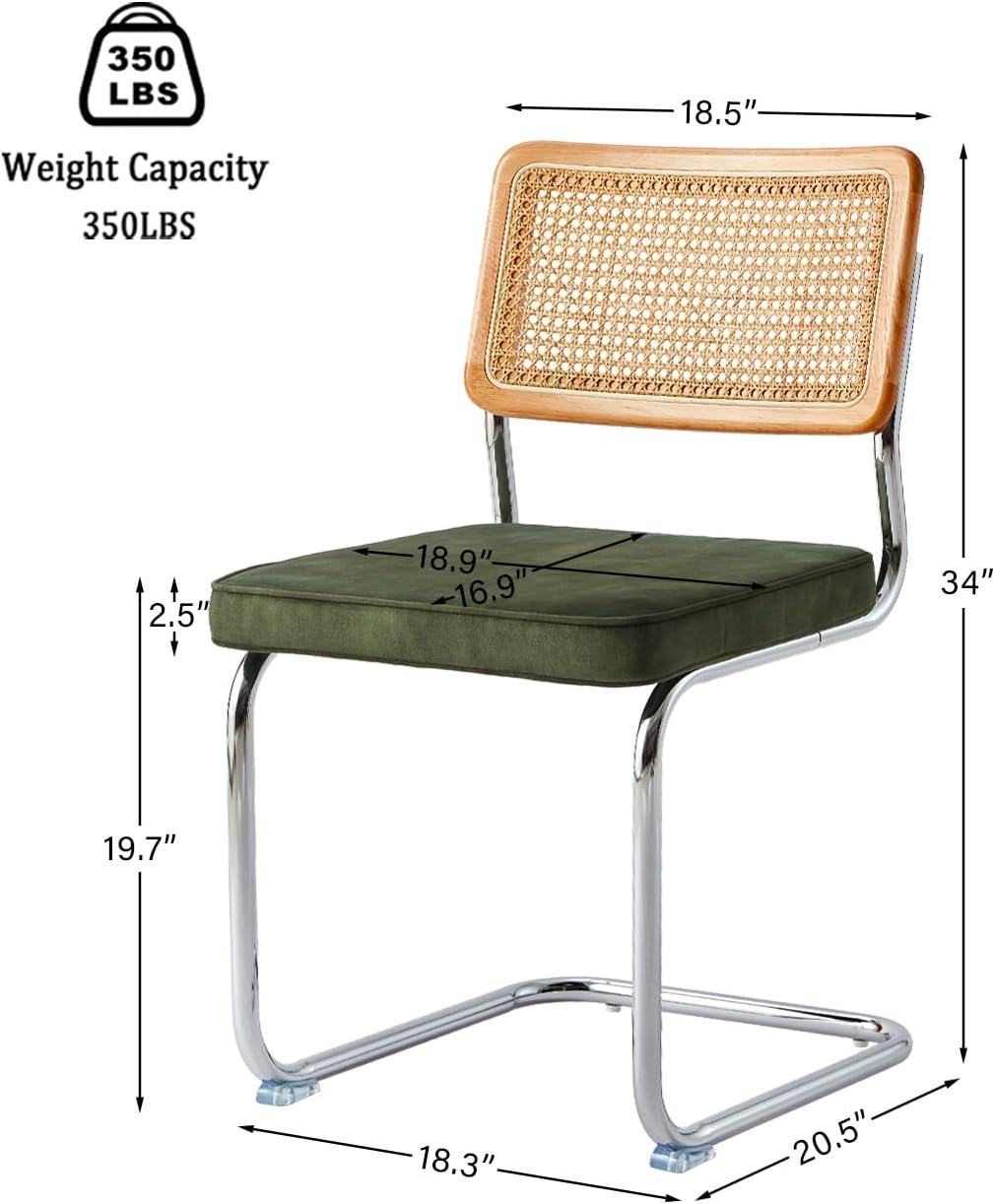 GrandNoor Rattan Dining Chairs Set of 4, Wooden Mid Century Modern Dining Room Chairs, Mesh Back Cane Kitchen Chair, Cesca Design Chairs with Metal Chrome Legs, Green