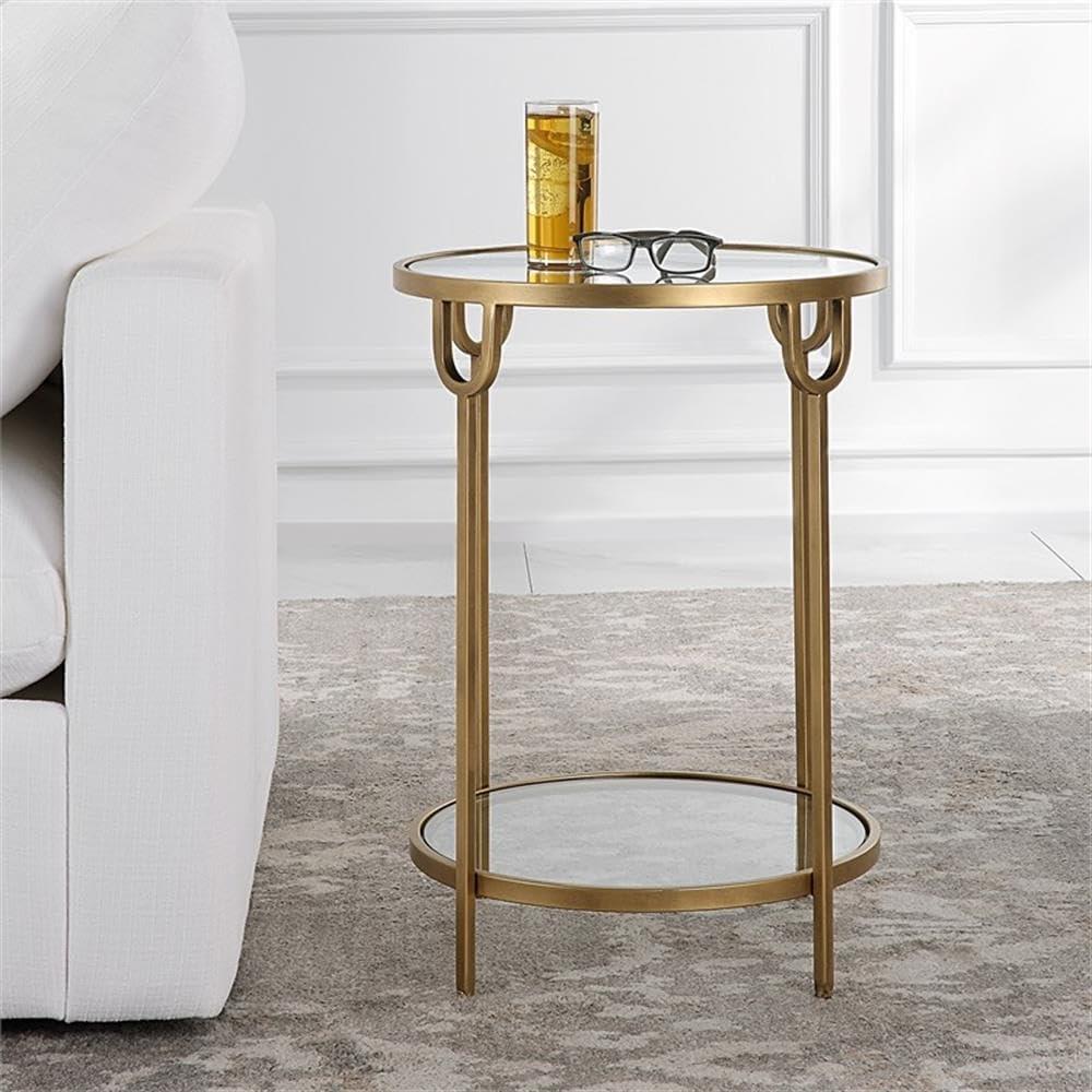 BOWERY HILL Round Two-Tier Iron Accent Table, Antique Gold Finish, Mirrored Top and Tempered Glass Shelf, 24.25" H x 17.25" W x 17.25" D, Elegant Design for Living Room or Bedroom Decor