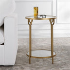 BOWERY HILL Round Two-Tier Iron Accent Table, Antique Gold Finish, Mirrored Top and Tempered Glass Shelf, 24.25" H x 17.25" W x 17.25" D, Elegant Design for Living Room or Bedroom Decor