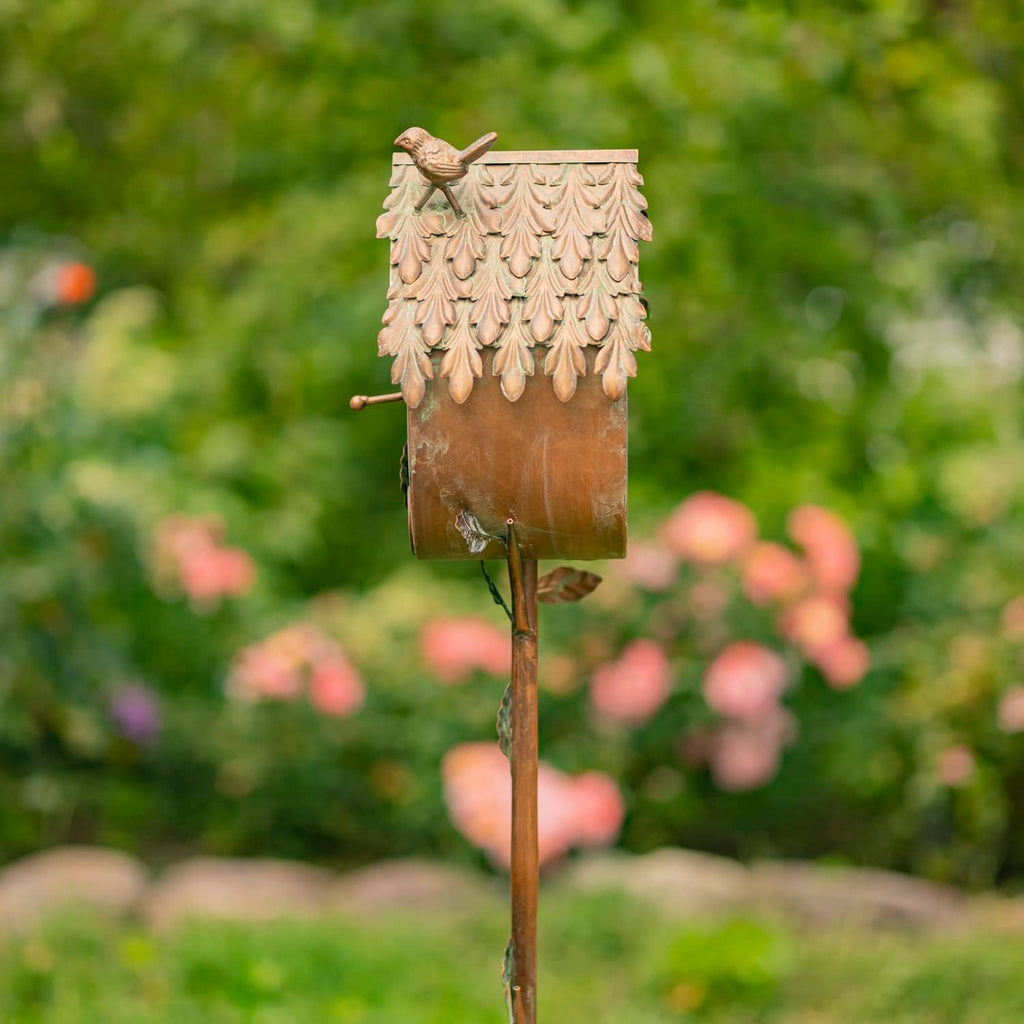 Copper Color Bird House Garden Stake with Ornate Style Roof (Round Bottom)