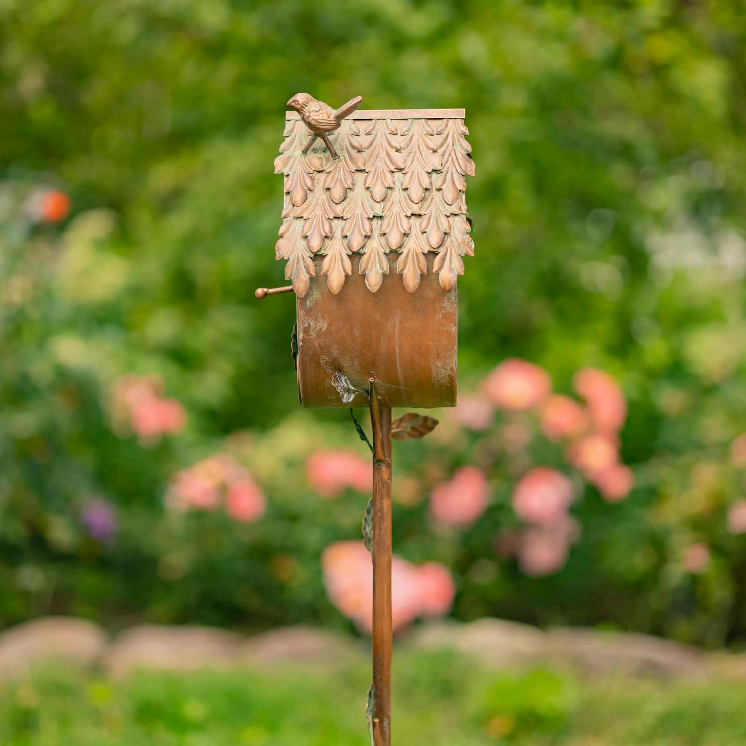 Copper Color Bird House Garden Stake with Ornate Style Roof (Round Bottom)