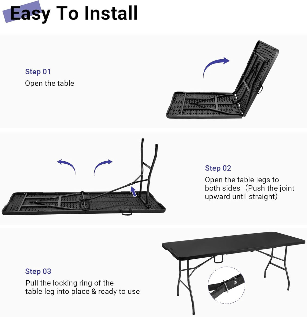 6ft Folding Table, Portable Heavy Duty Plastic Table for Party, Black | Fold-in-half Design with Carry Handle,Easy Setup,Compact Storage. Supports 330 lbs for Indoor & Outdoor use,Camping, Picnic