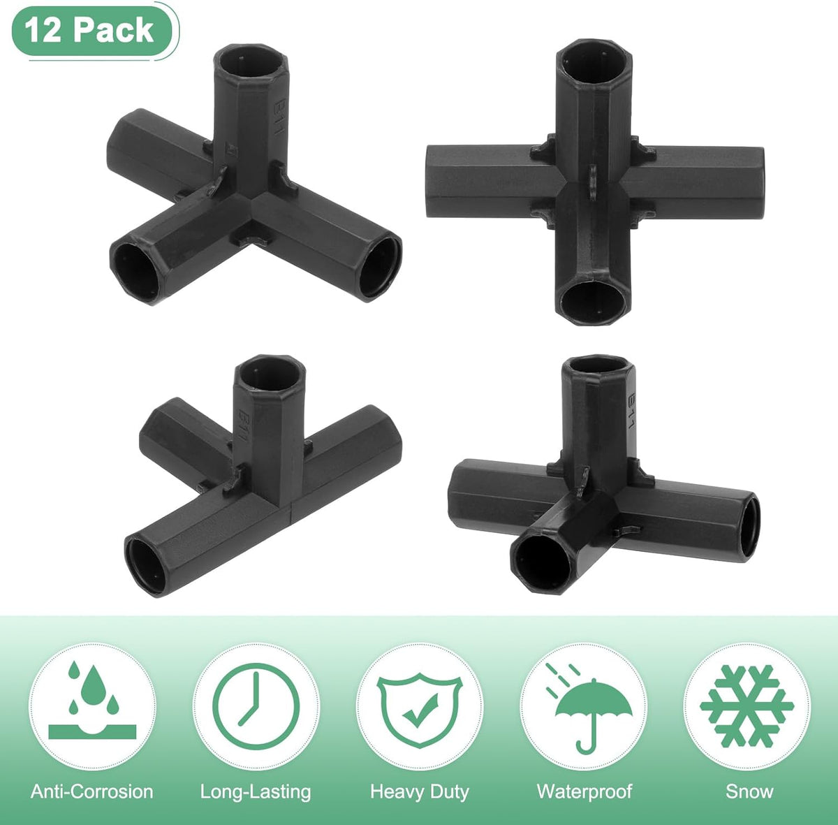 12 Pcs 11mm Greenhouse Frame Building Connectors, 4 Way Right Angle Pipe Fitting for Grape Trellis/Sunscreen Shed/Gardening Plant Stakes, Greenhouse Accessories [Black]