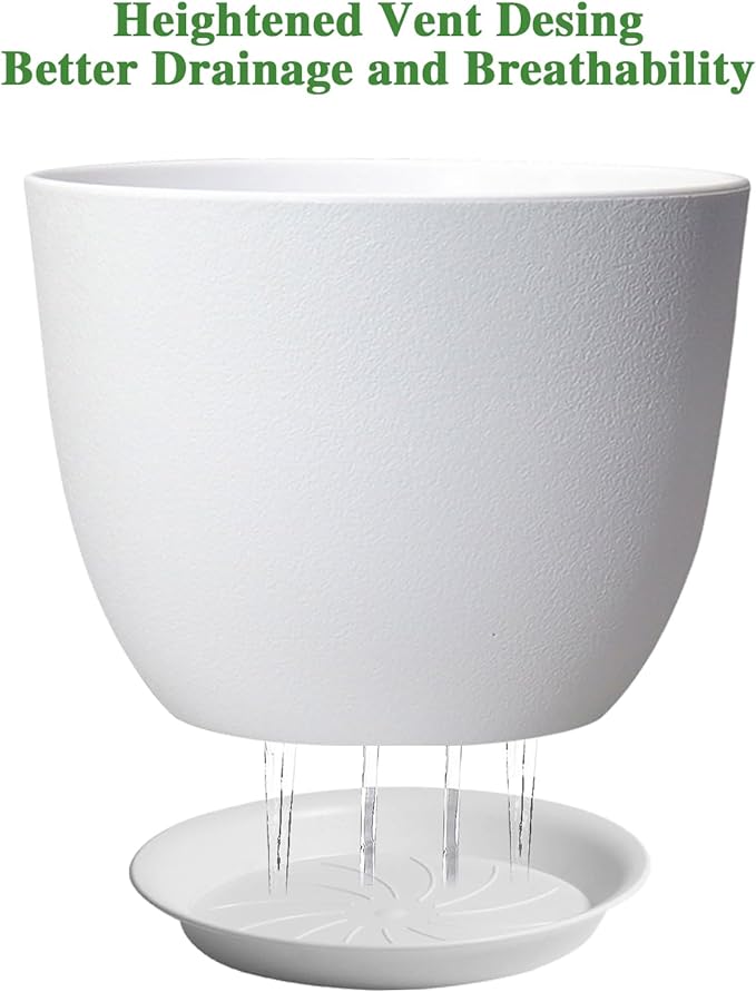 12inch Large Plant Pot, Modern Plastic Planter with High Driange Holes and Saucer for Indoor Outdoor Garden Plants and Flowers, White