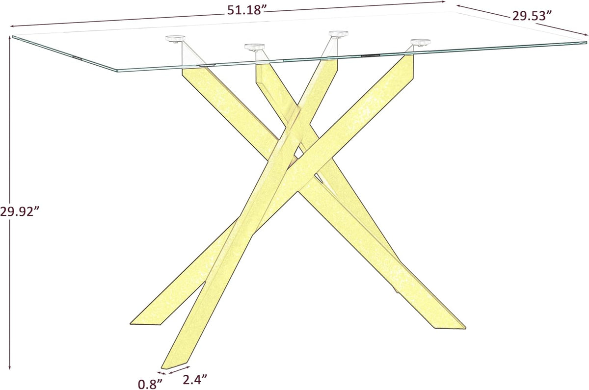 Gold Glass Dining Table for 4 Modern 51.2" Rectangular Kitchen Dining Room Table for 4 with X-Shape Metal Base Large Clear Glass Top Dining Tables for Home Kitchen