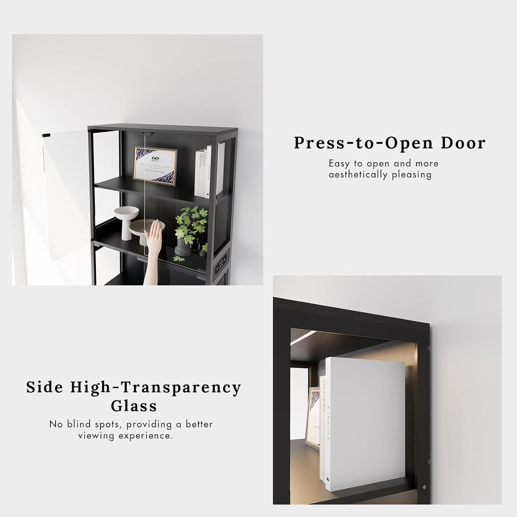 Display Cabinet with Glass Doors, 5-Tier 65" Glass Display Cabinet with LED 3-Color Lights & Human Body Sensor, Curio Cabinet with Textured Wood Shelves for Collectibles,Black Iron Frame