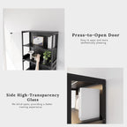 Display Cabinet with Glass Doors, 5-Tier 65" Glass Display Cabinet with LED 3-Color Lights & Human Body Sensor, Curio Cabinet with Textured Wood Shelves for Collectibles,Black Iron Frame