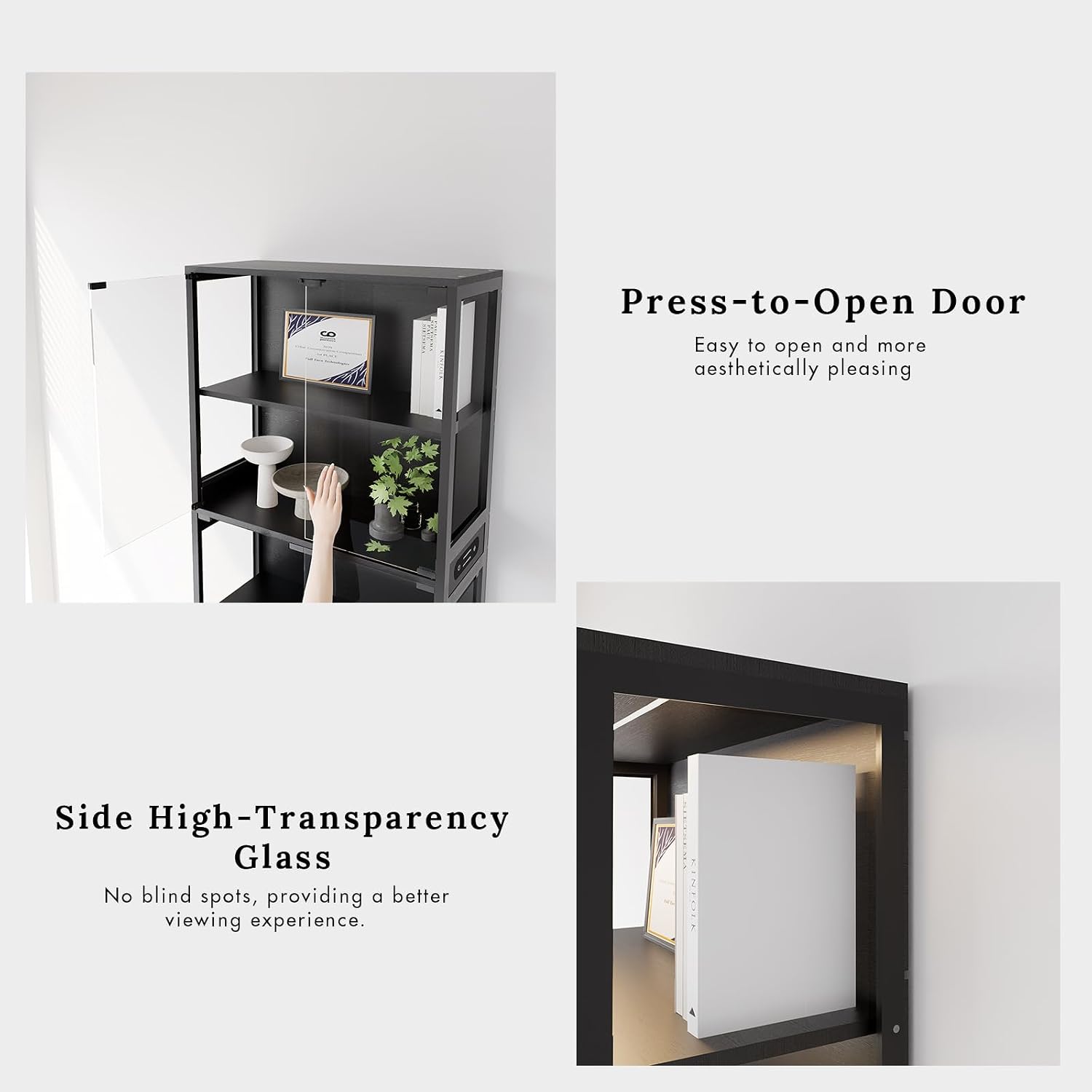 Display Cabinet with Glass Doors, 5-Tier 65" Glass Display Cabinet with LED 3-Color Lights & Human Body Sensor, Curio Cabinet with Textured Wood Shelves for Collectibles,Black Iron Frame