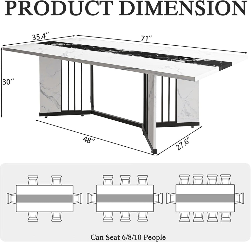 JassmiPkwy 71 Inch Dining Table for 6 8 10 People, Rectangular Faux Marble Kitchen Dining Table Wooden, Modern Large Tabletop and Metal Adjustable Feet, White