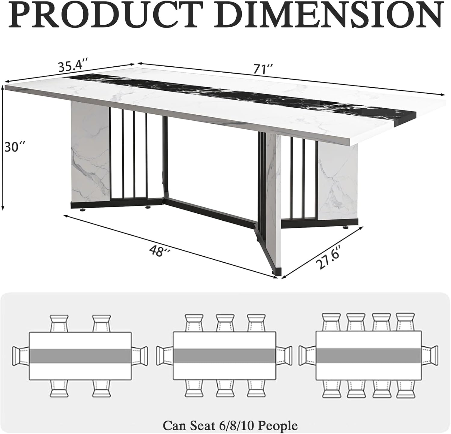 JassmiPkwy 71 Inch Dining Table for 6 8 10 People, Rectangular Faux Marble Kitchen Dining Table Wooden, Modern Large Tabletop and Metal Adjustable Feet, White