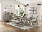 Pemberly Row Contemporary Wood and Fabric Dining Bench, 63.5" Wide, Wire-Brushed Brownish Gray Finish, Light Gray Linen Upholstery, Nailhead Trim, Rustic Style Kitchen or Dining Room Seating