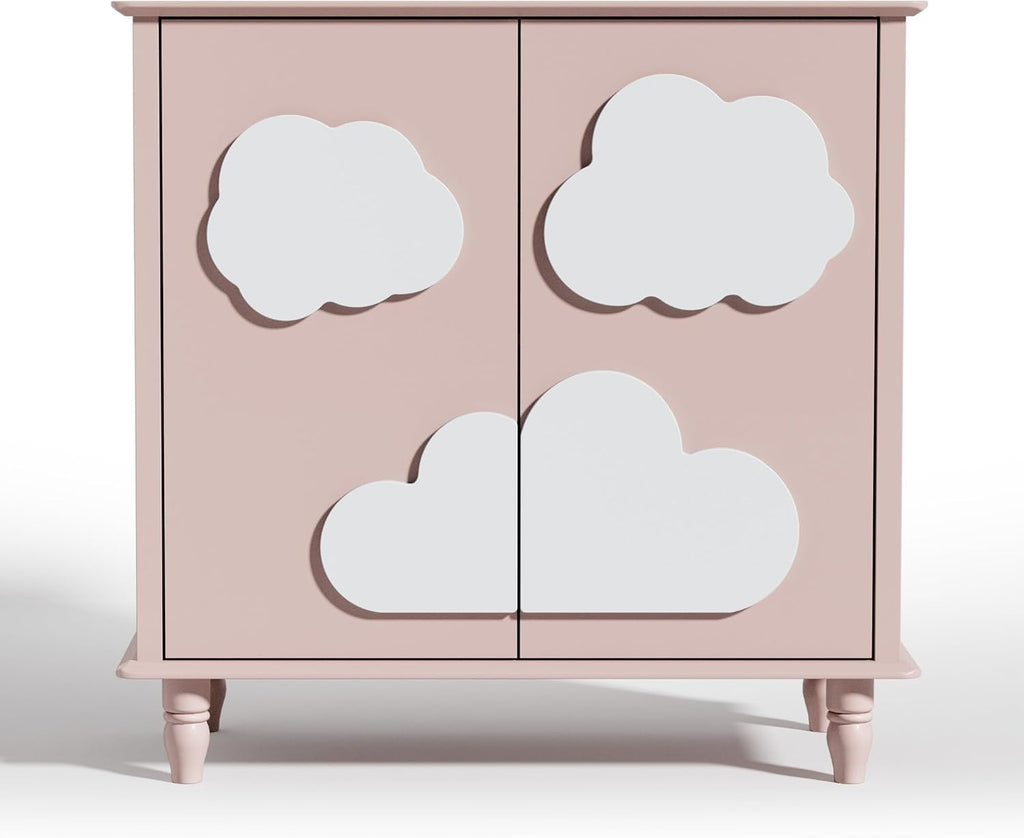 Anbuy Sideboard Buffet Cabinet with Storage 2 Doors, 31.5'' Cloud Buffet with Decoration, Scalloped Coffee Bar with Adjustable Shelf for Kitchen, Living Room (Pink & White)