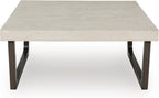 Signature Design by Ashley Westenfort 2-Piece Square Coffee Table Set | Square coffee table and end table sets with light gray faux cement melamine laminate tops, Dark espresso brown hardwood legs