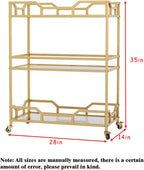 Square Gold Bar Carts with 3 Tier Storage Glass Shelves Holder Home Serving Bar Carts on Wheels for Kitchen, Bar, Dinning Room