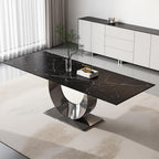 Modern Expandable Dining Table 62.99" to 94.48", 6-10" Marble Look Sintered Stone Rectangular Dining Table with Black Carbon Steel Crescent Legs, Save Dining Room Kitchen Space (Knight Black)