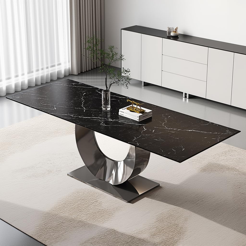 Modern Expandable Dining Table 62.99" to 94.48", 6-10" Marble Look Sintered Stone Rectangular Dining Table with Black Carbon Steel Crescent Legs, Save Dining Room Kitchen Space (Knight Black)