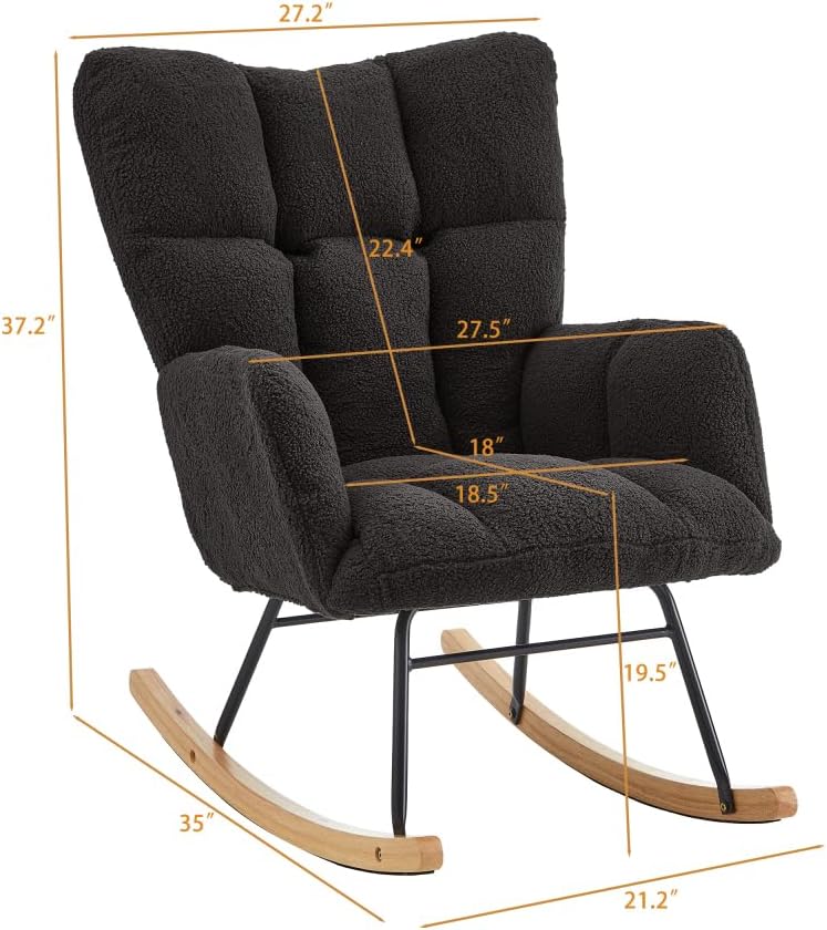 Tufted Upholstered Teddy Fabric Rocking Chair with Metal Frame Accent Chair Ivory White (Dark Gray + Teddy)