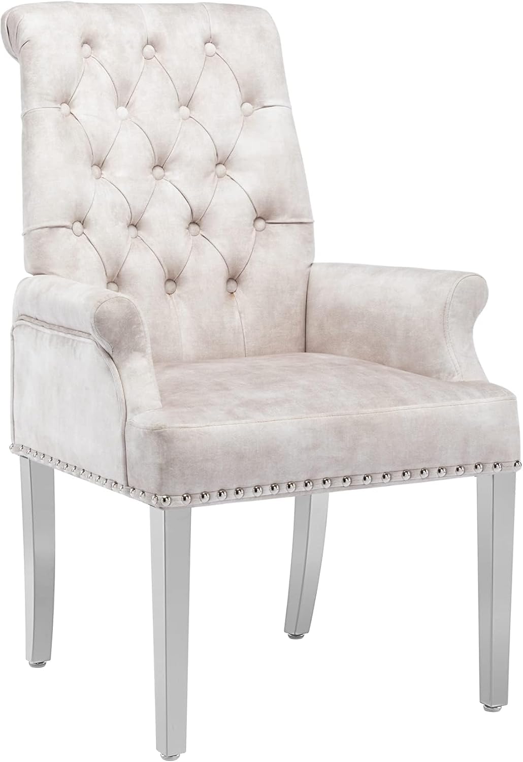 LOULENS Tufted Velvet Armrest Dining Chairs, Modern Upholstered Chairs with Stainless Steel Legs for Dining Room, Kitchen, Living Room, Bedroom, Beige