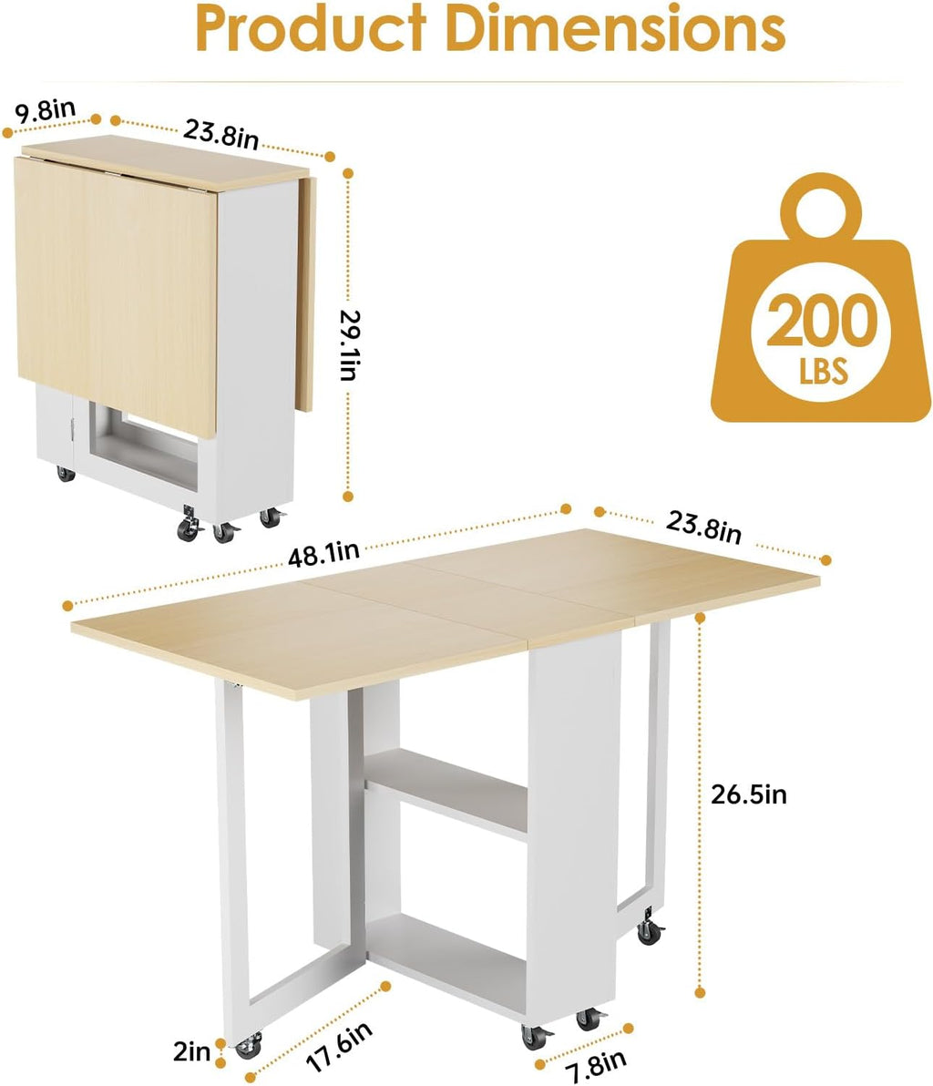 LotFun Folding Dining Table, Space-Saving Dining Table with 6 Rolling Wheels and 2-Tier Storage Shelf, Kitchen Table for Small Spaces